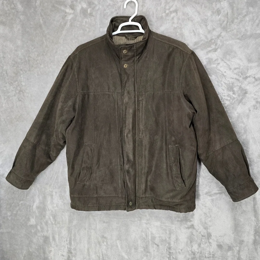 St Johns Bay Mens L Brown Suede Polyester Bomber Jacket Full Zip Casual Workwear